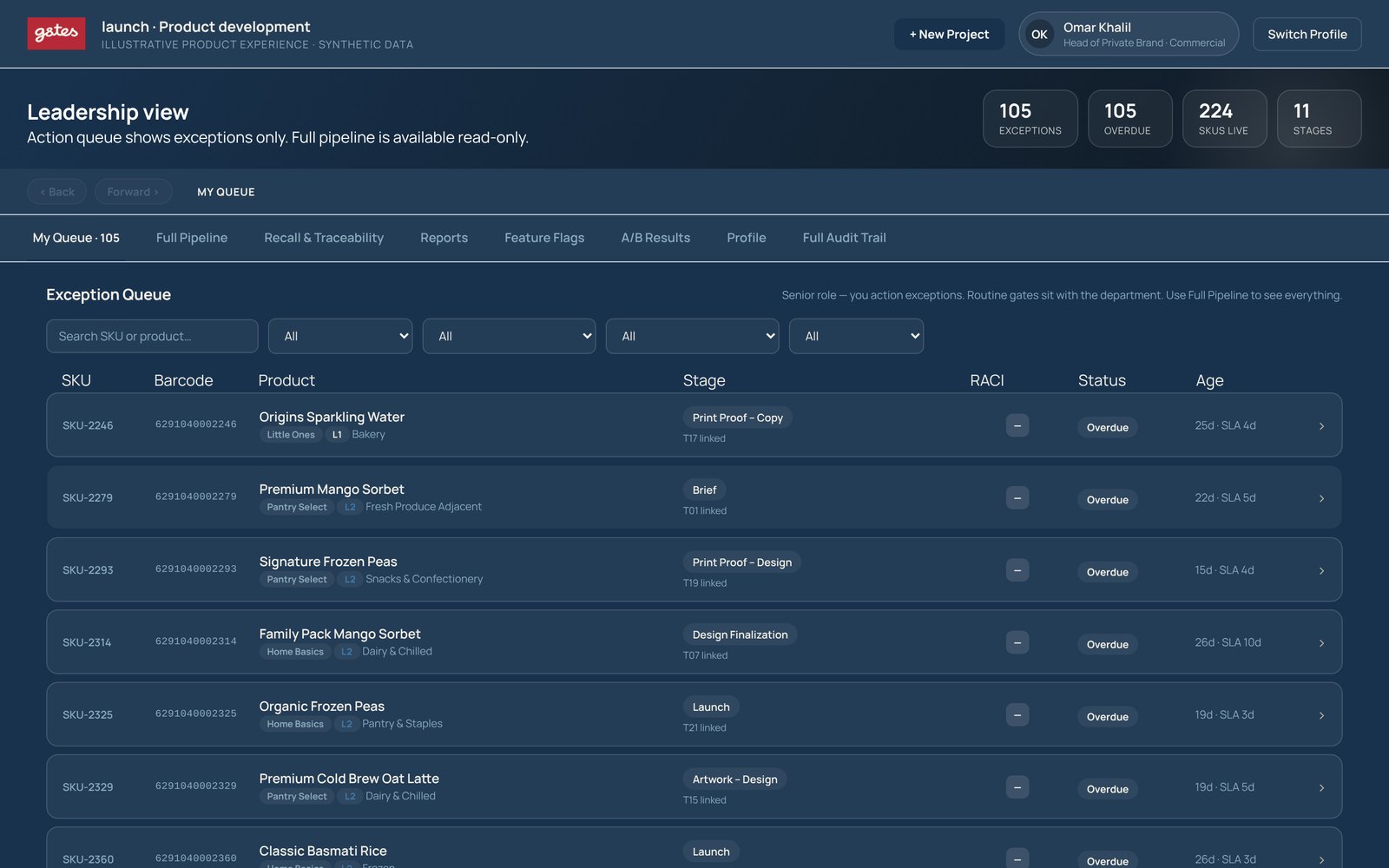 launch leadership exception view, demo data