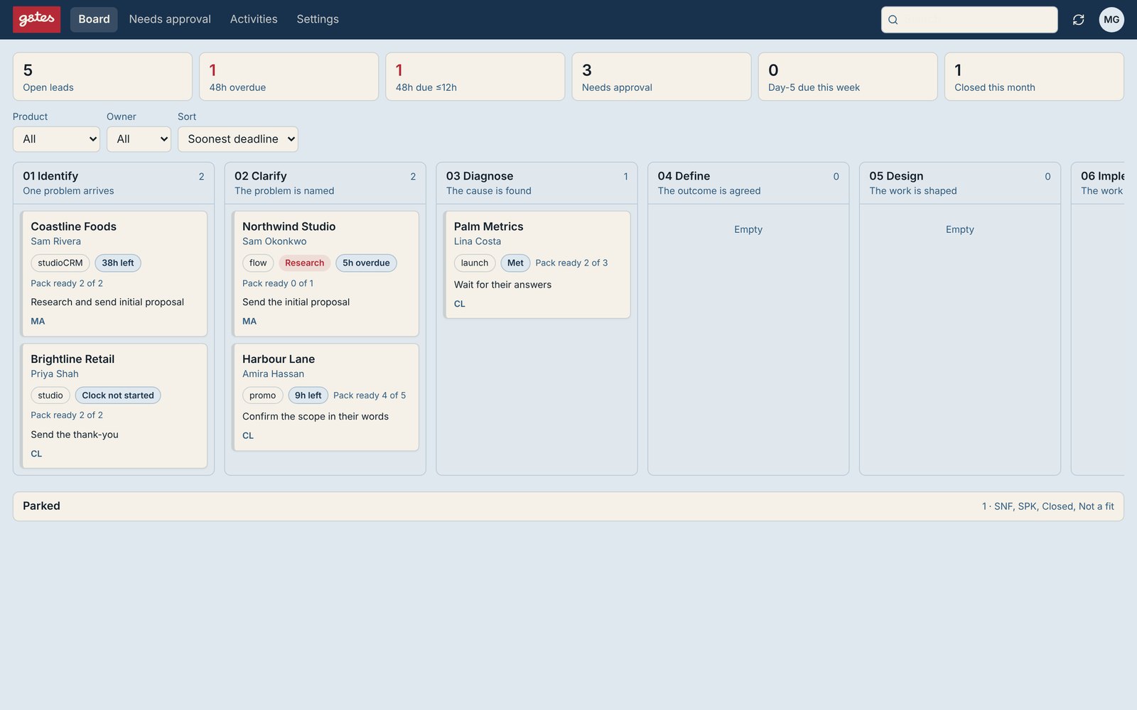studioCRM enquiry board with demo enquiries