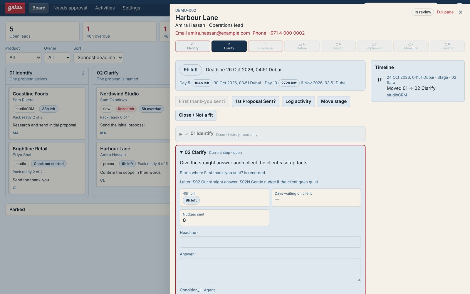 studioCRM enquiry record, demo data
