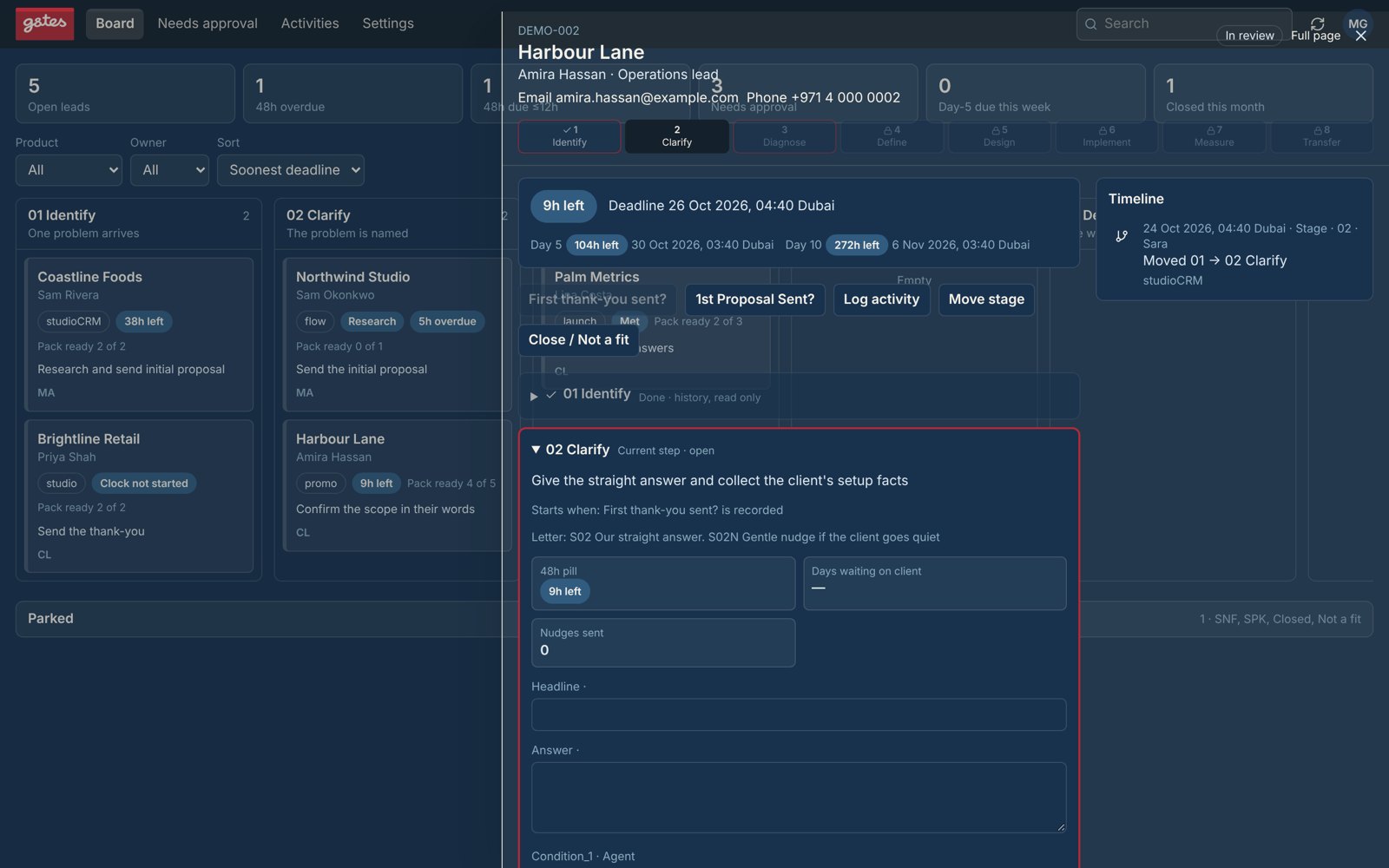 studioCRM enquiry record, demo data
