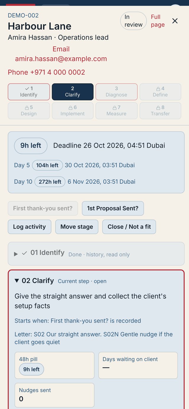 studioCRM enquiry record on a phone, demo data