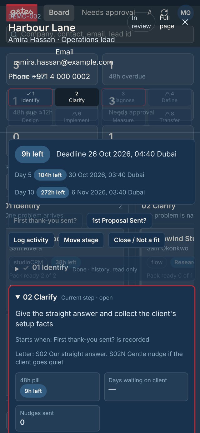 studioCRM enquiry record on a phone, demo data